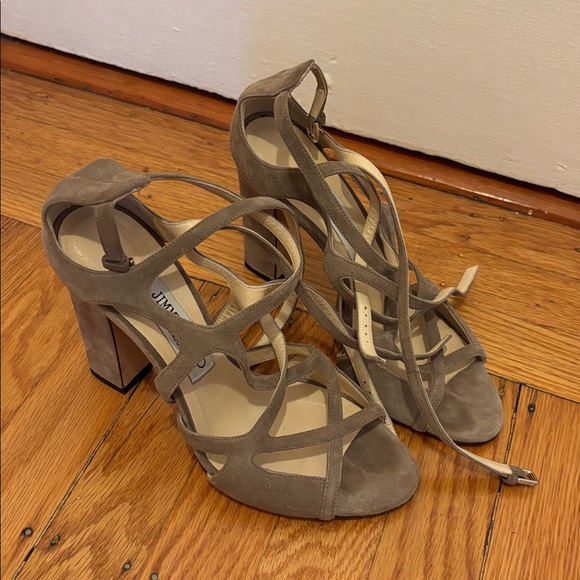 Jimmy Choo Strappy Taupe Suede Block Heel Sandals - Picture 1 of 3
